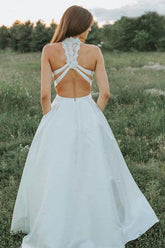 A-line Two Pieces Lace Top Wedding Dresses With Pockets, Bridal Gown